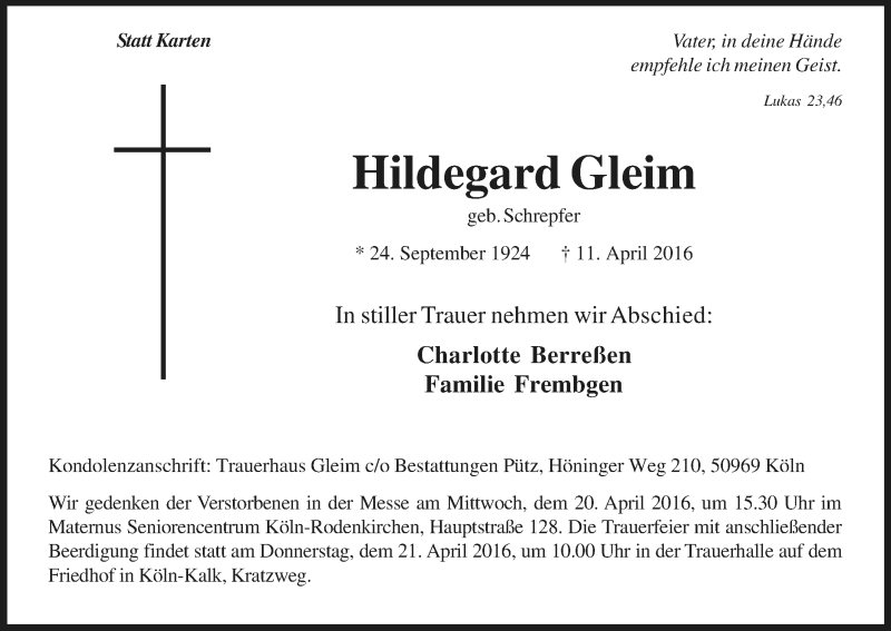  Traueranzeige für Hildegard Gleim vom 16.04.2016 aus Kölner Stadt-Anzeiger / Kölnische Rundschau / Express