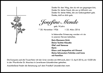 Anzeige von Josefine Mende von Kölner Stadt-Anzeiger / Kölnische Rundschau / Express