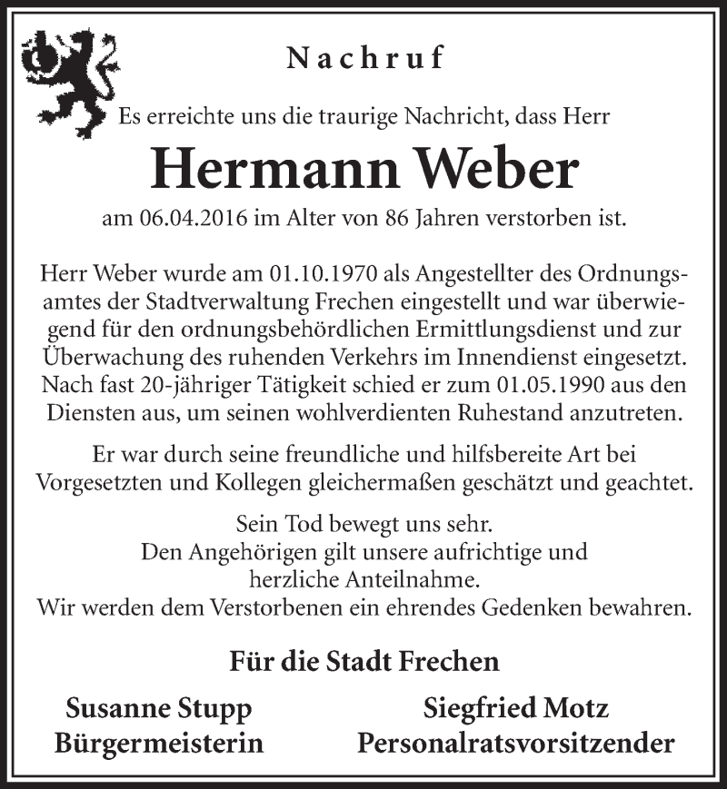  Traueranzeige für Hermann Weber vom 16.04.2016 aus  Sonntags-Post 