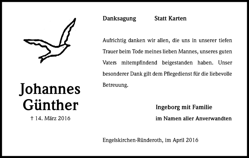  Traueranzeige für Johannes Günther vom 16.04.2016 aus Kölner Stadt-Anzeiger / Kölnische Rundschau / Express