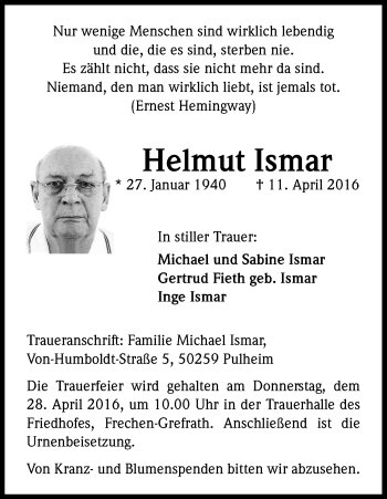Anzeige von Helmut Ismar von Kölner Stadt-Anzeiger / Kölnische Rundschau / Express