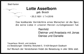 Anzeige von Lotte Asselborn von Kölner Stadt-Anzeiger / Kölnische Rundschau / Express