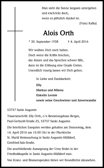 Anzeige von Alois Orth von Kölner Stadt-Anzeiger / Kölnische Rundschau / Express