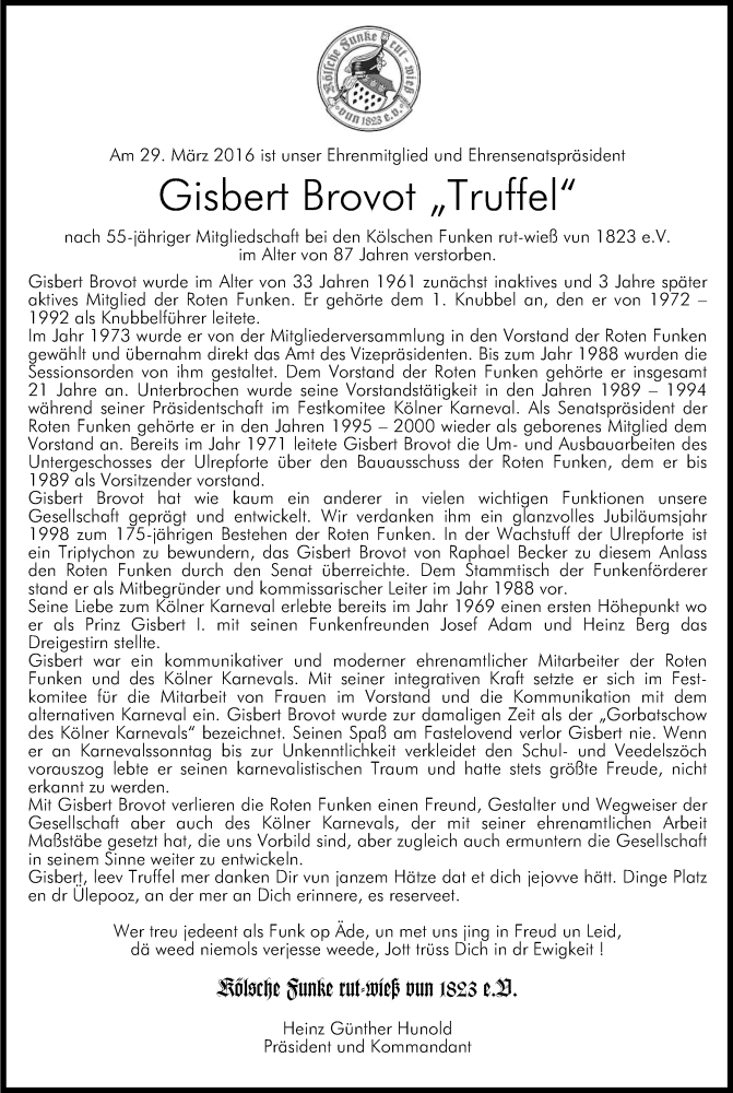  Traueranzeige für Gisbert Brovot vom 02.04.2016 aus Kölner Stadt-Anzeiger / Kölnische Rundschau / Express