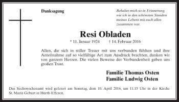 Anzeige von Resi Obladen von  Wochenende 