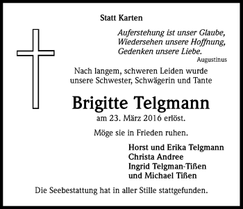 Anzeige von Brigitte Telgmann von Kölner Stadt-Anzeiger / Kölnische Rundschau / Express