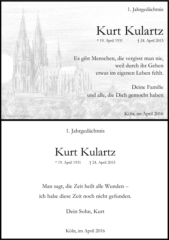  Traueranzeige für Kurt Kulartz vom 23.04.2016 aus Kölner Stadt-Anzeiger / Kölnische Rundschau / Express