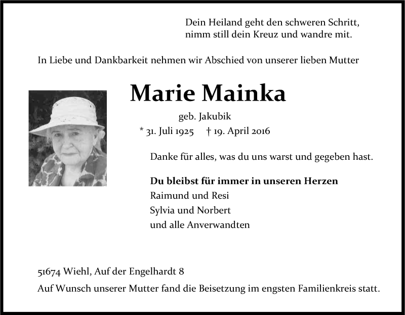 Traueranzeige für Marie Mainka vom 25.04.2016 aus Kölner Stadt-Anzeiger / Kölnische Rundschau / Express