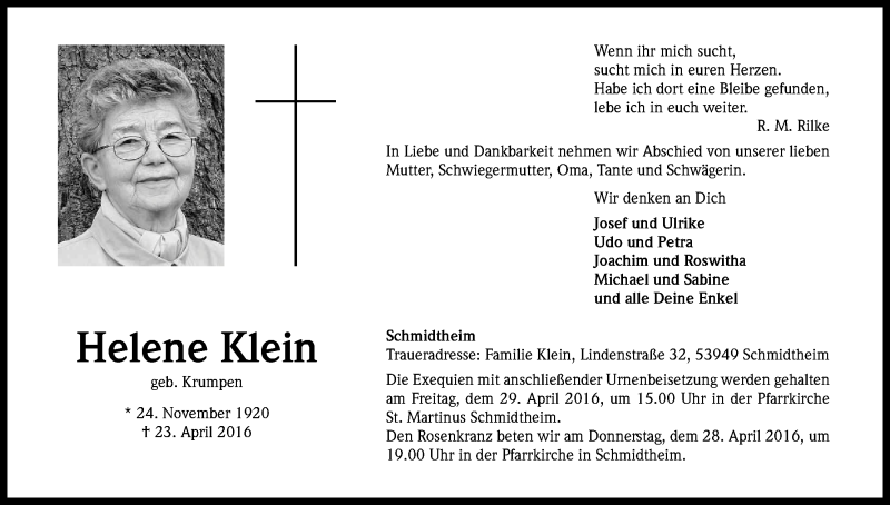  Traueranzeige für Helene Klein vom 26.04.2016 aus Kölner Stadt-Anzeiger / Kölnische Rundschau / Express