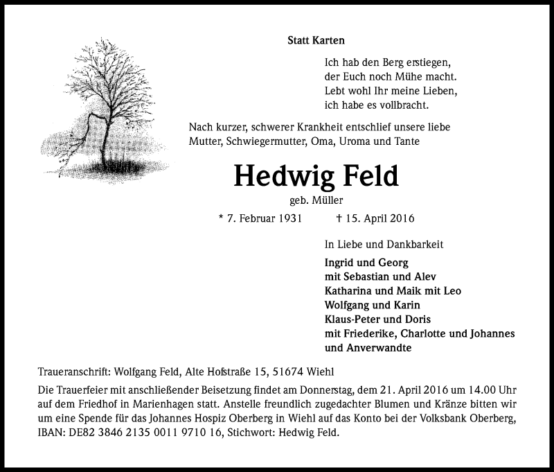  Traueranzeige für Hedwig Feld vom 18.04.2016 aus Kölner Stadt-Anzeiger / Kölnische Rundschau / Express