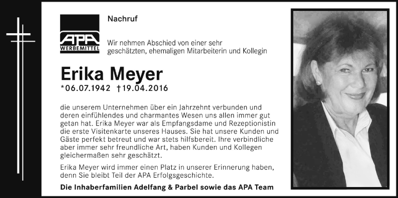  Traueranzeige für Erika Meyer vom 30.04.2016 aus  Rhein-Sieg-Wochenende 