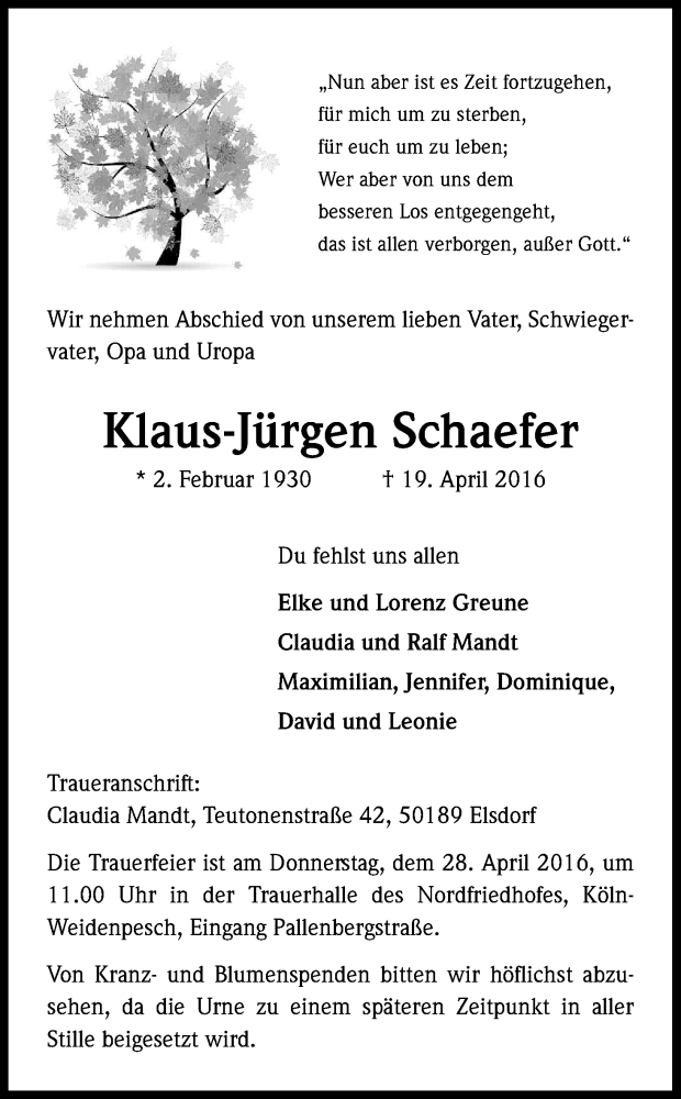  Traueranzeige für Klaus-Jürgen Schaefer vom 23.04.2016 aus Kölner Stadt-Anzeiger / Kölnische Rundschau / Express