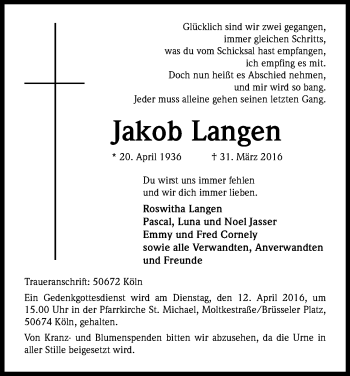 Anzeige von Jakob Langen von Kölner Stadt-Anzeiger / Kölnische Rundschau / Express