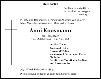 Anzeige von Anni Koosmann von Kölner Stadt-Anzeiger / Kölnische Rundschau / Express