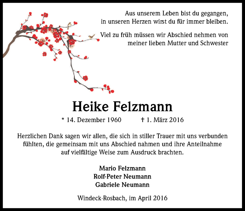  Traueranzeige für Heike Felzmann vom 15.04.2016 aus Kölner Stadt-Anzeiger / Kölnische Rundschau / Express