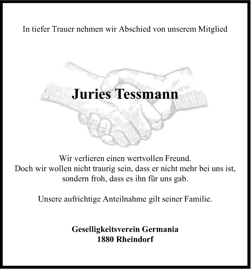  Traueranzeige für Juries Tessmann vom 09.04.2016 aus Kölner Stadt-Anzeiger / Kölnische Rundschau / Express
