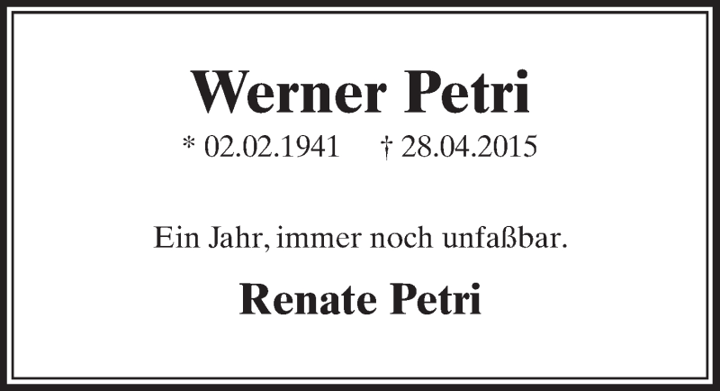  Traueranzeige für Werner Petri vom 30.04.2016 aus  Sonntags-Post 