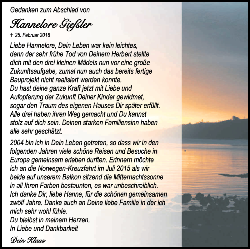  Traueranzeige für Hannelore Gießler vom 23.04.2016 aus Kölner Stadt-Anzeiger / Kölnische Rundschau / Express