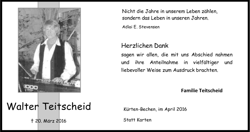  Traueranzeige für Walter Teitscheid vom 23.04.2016 aus Kölner Stadt-Anzeiger / Kölnische Rundschau / Express
