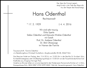 Anzeige von Hans Odenthal von Kölner Stadt-Anzeiger / Kölnische Rundschau / Express