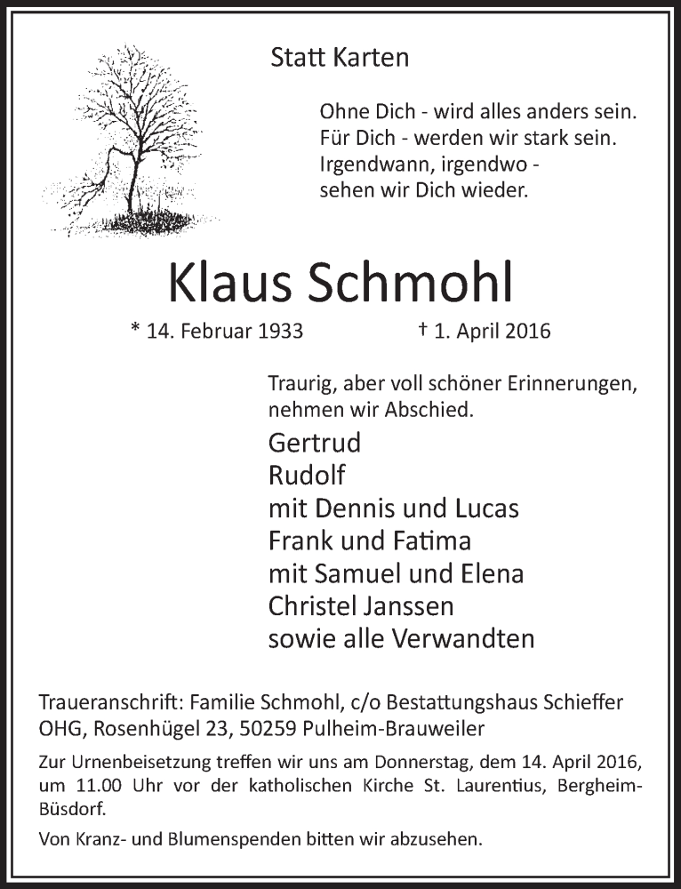  Traueranzeige für Klaus Schmohl vom 09.04.2016 aus  Sonntags-Post 