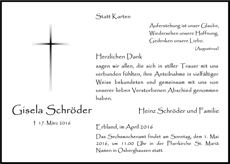  Traueranzeige für Gisela Schröder vom 27.04.2016 aus  Anzeigen Echo 