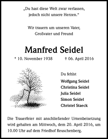 Anzeige von Manfred Seidel von Kölner Stadt-Anzeiger / Kölnische Rundschau / Express