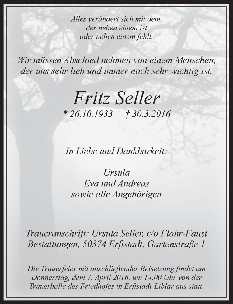  Traueranzeige für Fritz Seller vom 06.04.2016 aus  Werbepost 