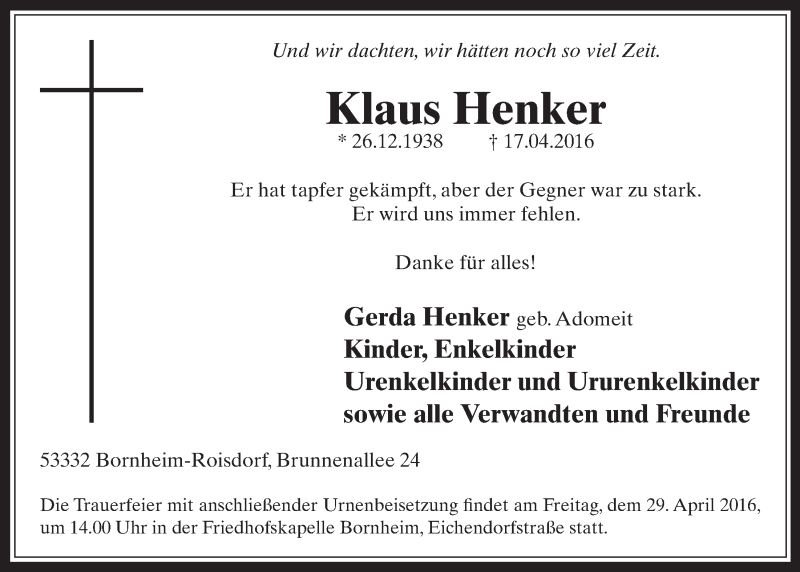  Traueranzeige für Klaus Henker vom 27.04.2016 aus  Schaufenster/Blickpunkt 