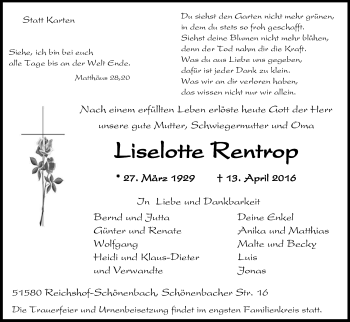 Anzeige von Liselotte Rentrop von Kölner Stadt-Anzeiger / Kölnische Rundschau / Express