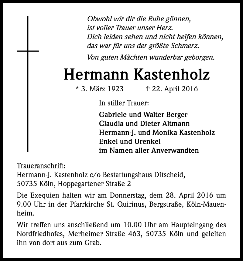  Traueranzeige für Hermann Kastenholz vom 26.04.2016 aus Kölner Stadt-Anzeiger / Kölnische Rundschau / Express