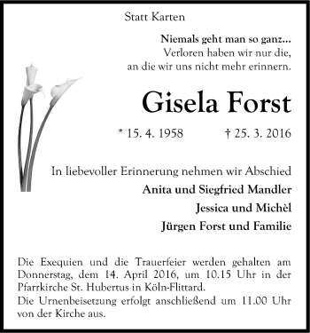 Anzeige von Gisela Forst von Kölner Stadt-Anzeiger / Kölnische Rundschau / Express
