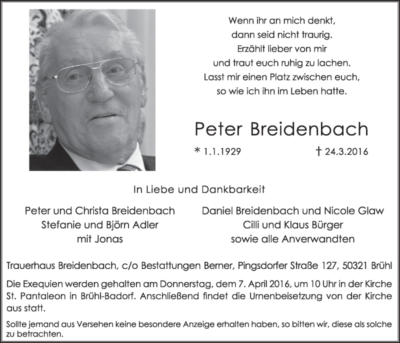  Traueranzeige für Peter Breidenbach vom 06.04.2016 aus  Schlossbote/Werbekurier 