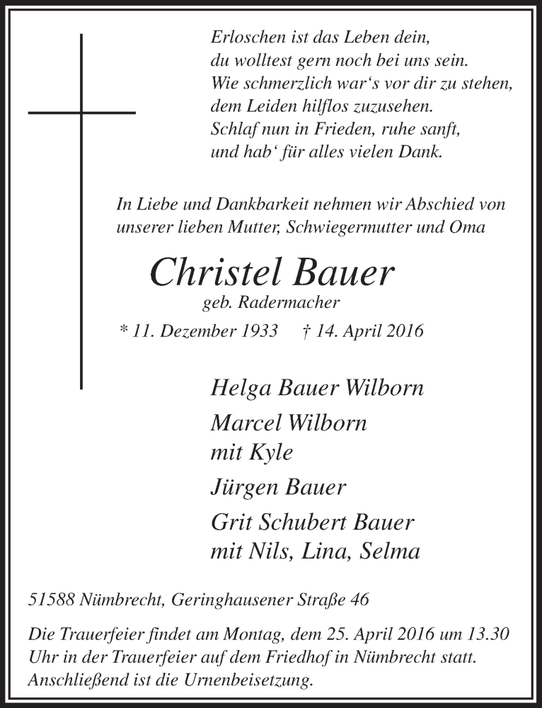  Traueranzeige für Christel Bauer vom 20.04.2016 aus  Lokalanzeiger 