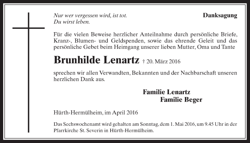  Traueranzeige für Brunhilde Lenartz vom 20.04.2016 aus  Wochenende 