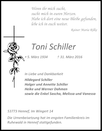 Anzeige von Toni Schiller von Kölner Stadt-Anzeiger / Kölnische Rundschau / Express