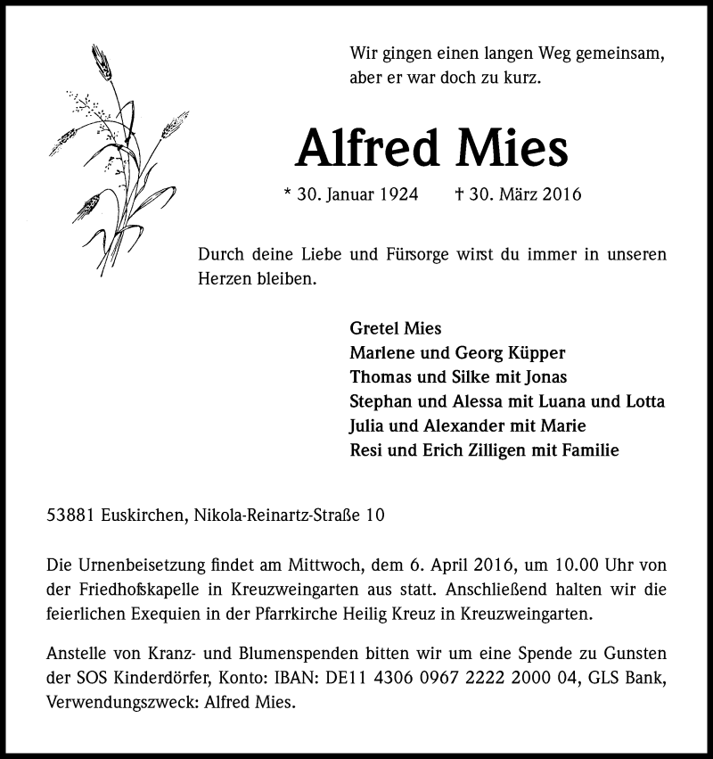  Traueranzeige für Alfred Mies vom 02.04.2016 aus Kölner Stadt-Anzeiger / Kölnische Rundschau / Express