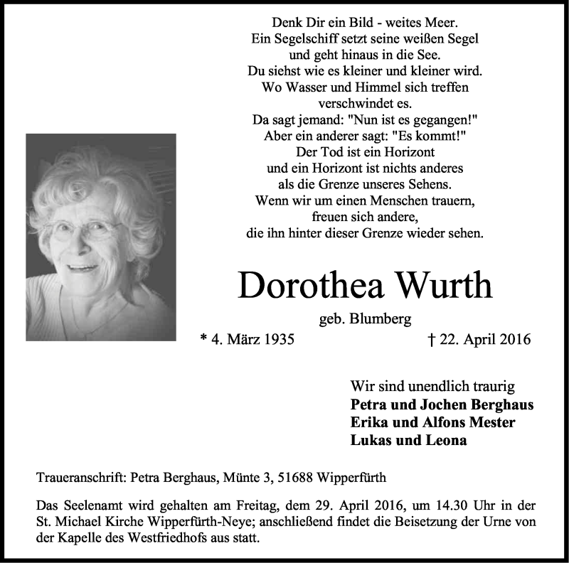  Traueranzeige für Dorothea Wurth vom 26.04.2016 aus Kölner Stadt-Anzeiger / Kölnische Rundschau / Express