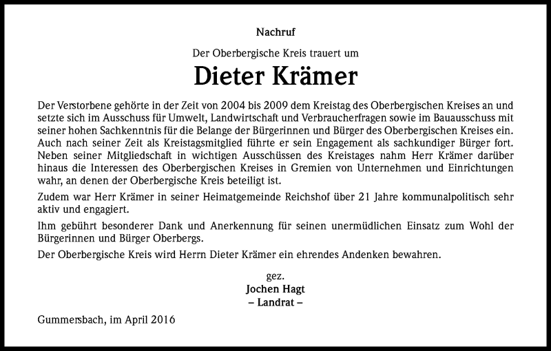  Traueranzeige für Dieter Krämer vom 09.04.2016 aus Kölner Stadt-Anzeiger / Kölnische Rundschau / Express