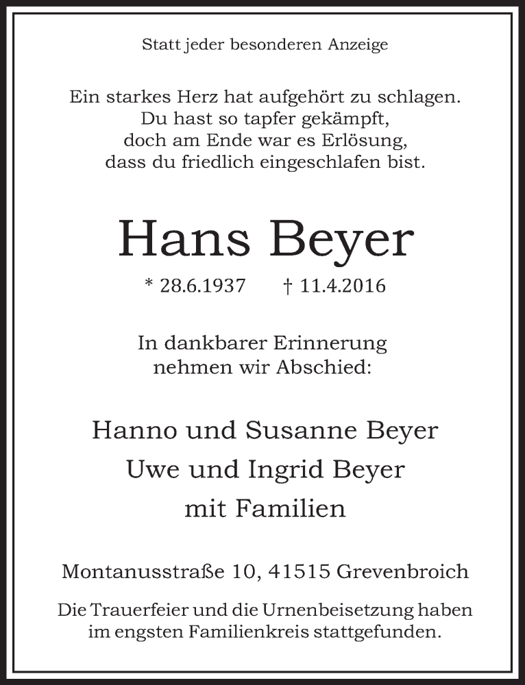  Traueranzeige für Hans Beyer vom 27.04.2016 aus  Werbepost 