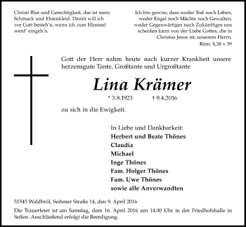 Anzeige von Lina Krämer von  Lokalanzeiger 