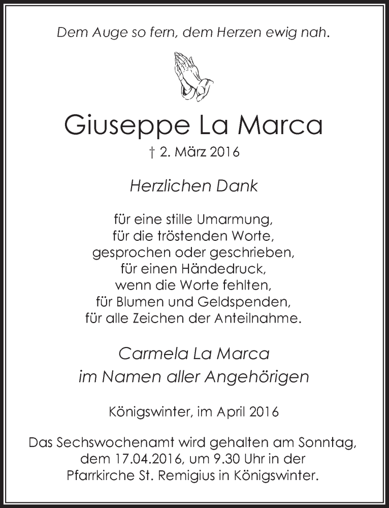  Traueranzeige für Giuseppe La Marca vom 13.04.2016 aus  Extra Blatt 