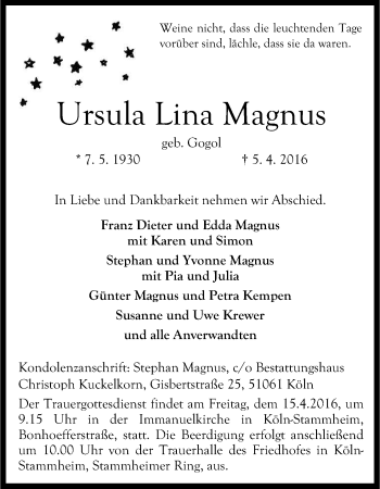 Anzeige von Ursula Lina Magnus von Kölner Stadt-Anzeiger / Kölnische Rundschau / Express