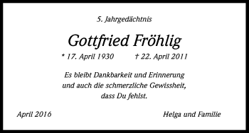 Anzeige von Gottfried Fröhlig von Kölner Stadt-Anzeiger / Kölnische Rundschau / Express