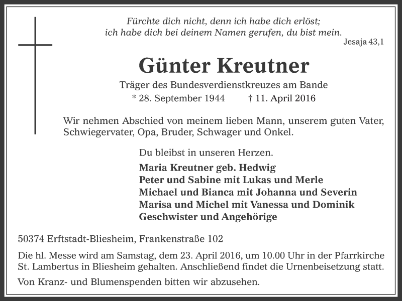 Traueranzeige für Günter Kreutner vom 20.04.2016 aus  Werbepost 