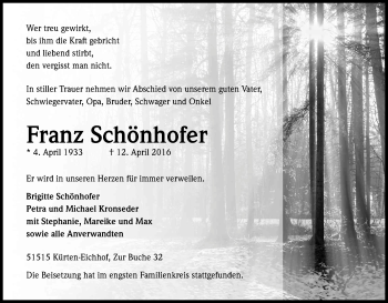 Anzeige von Franz Schönhofer von Kölner Stadt-Anzeiger / Kölnische Rundschau / Express