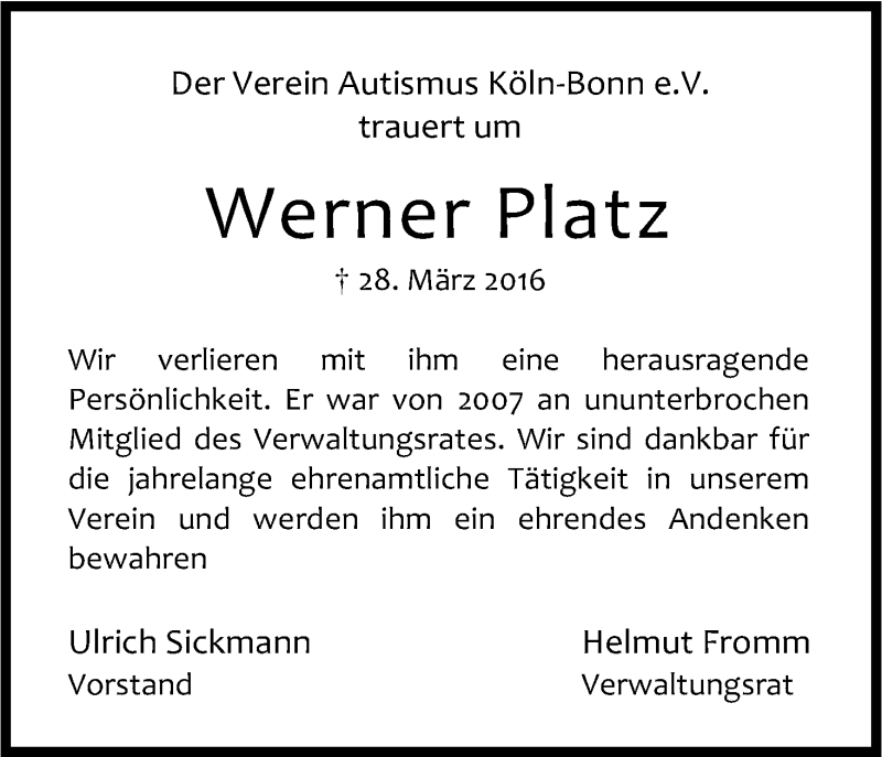  Traueranzeige für Werner Platz vom 02.04.2016 aus Kölner Stadt-Anzeiger / Kölnische Rundschau / Express