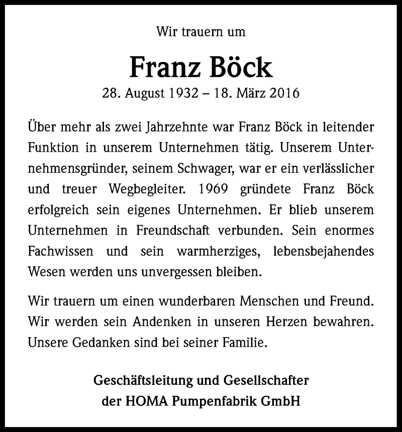  Traueranzeige für Franz Böck vom 23.04.2016 aus Kölner Stadt-Anzeiger / Kölnische Rundschau / Express