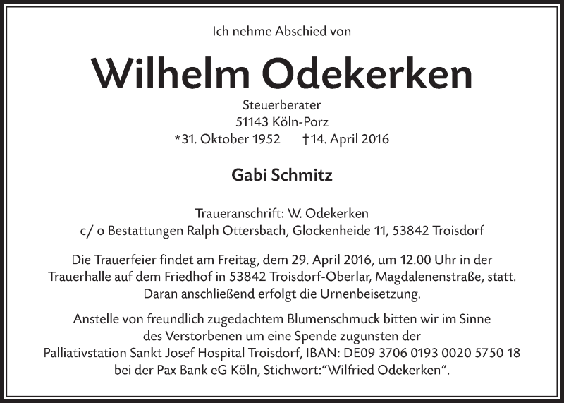  Traueranzeige für Wilhelm Odekerken vom 27.04.2016 aus  Kölner Wochenspiegel 
