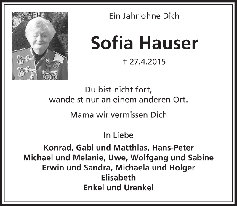  Traueranzeige für Sofia Hauser vom 27.04.2016 aus  Bergisches Handelsblatt 
